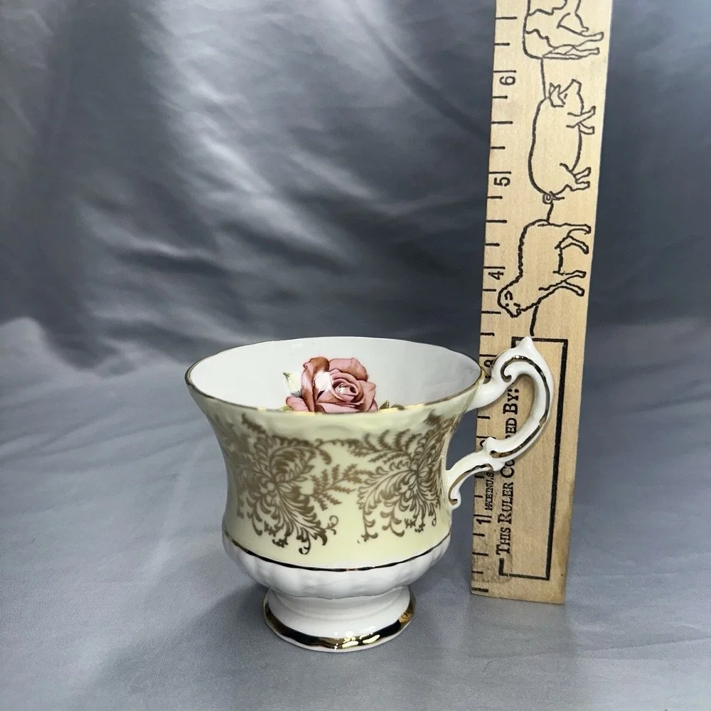 Paragon Tea Cup Saucer Floating Cabbage Rose Citron Yellow Gold Filigree A2645